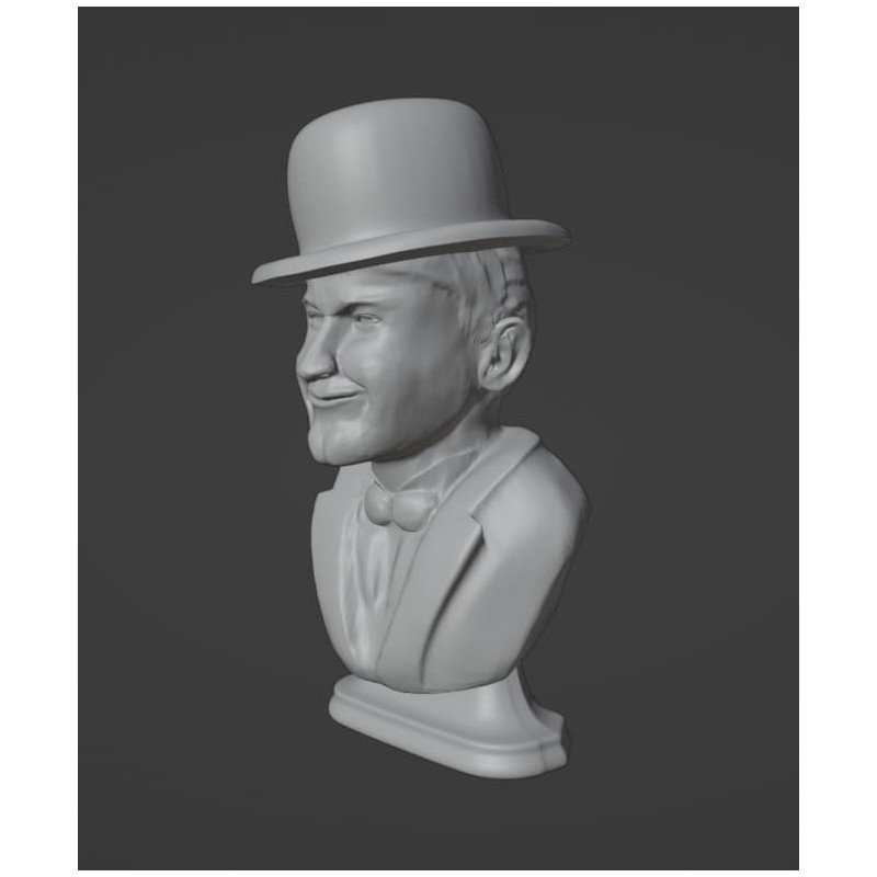 Busto in 3d di Stan Laurel pronto per la stampa creato con Blender altezza 10cm.  Il pacchetto comprende i file STL per la stampa 3d.